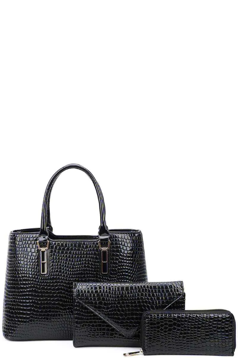 3in1 Glossy Croco Textured Satchel Clutch And Wallet Set