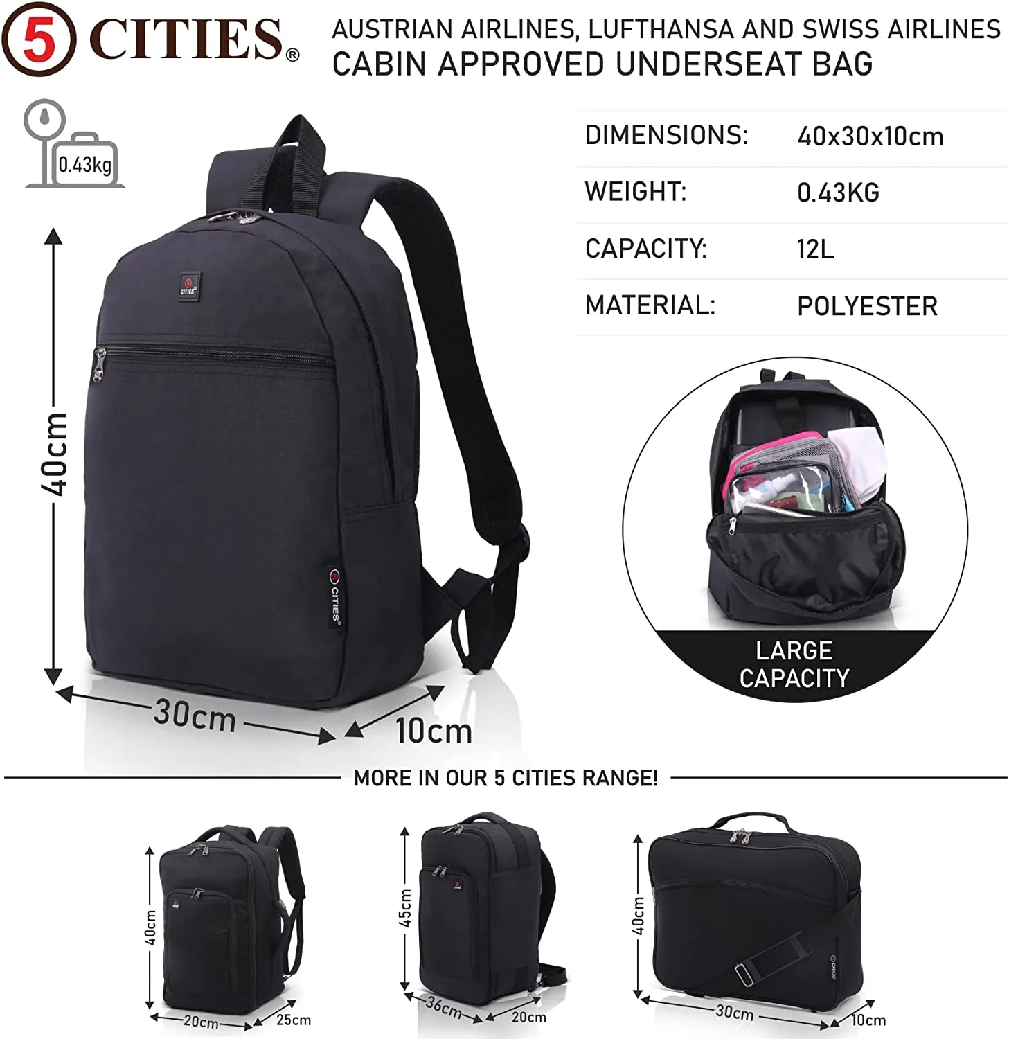 5 Cities 40x30x10 New and Improved 2024 Lufthansa, Austrian Airlines, Swiss Airlines Maximum Size Holdall Cabin Luggage Under Seat Flight Bag, Black