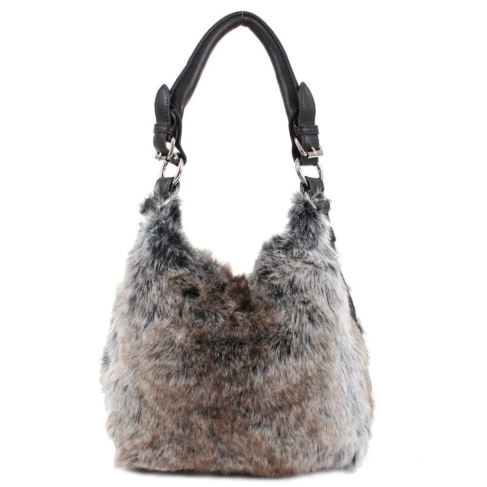 64632 Tricolor Faux-Fur Hobo Shoulder Bag