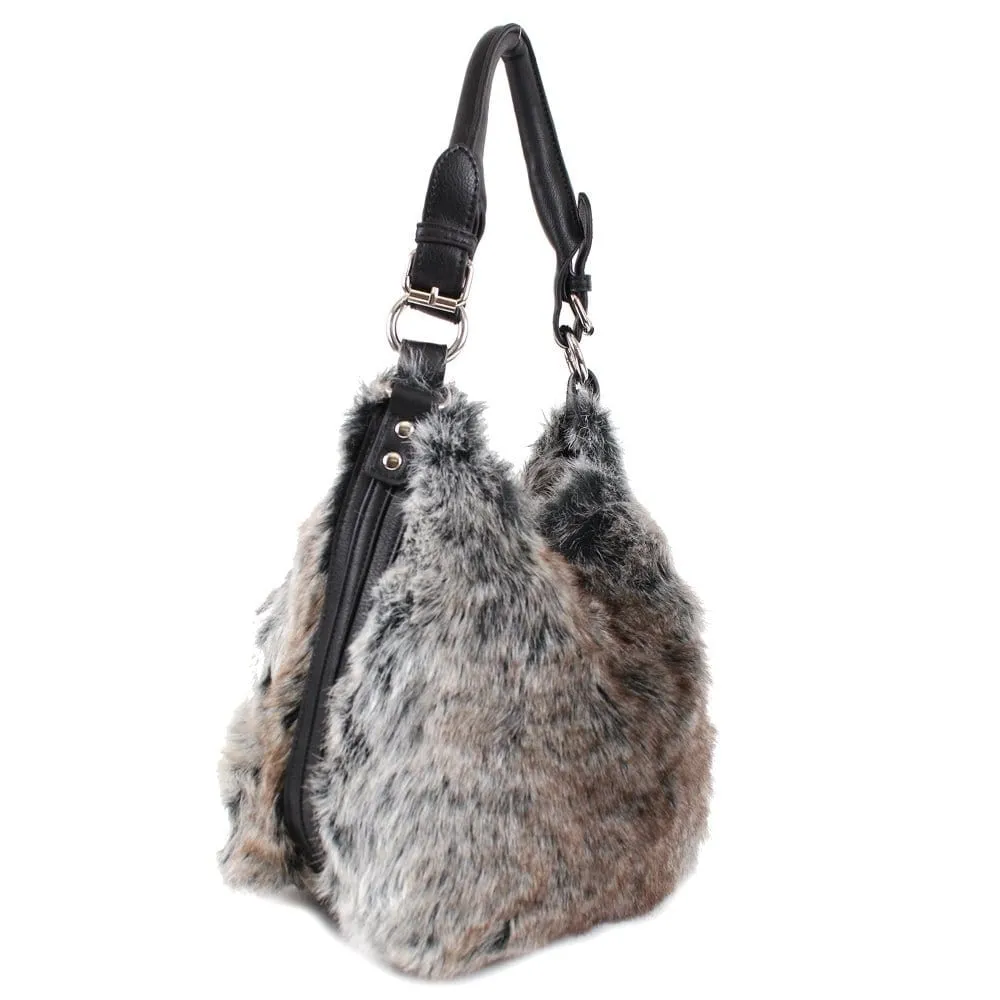 64632 Tricolor Faux-Fur Hobo Shoulder Bag