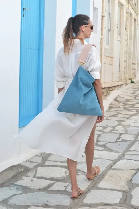 Ana Koutsi Akathi Suede Bag in Blue/Nude