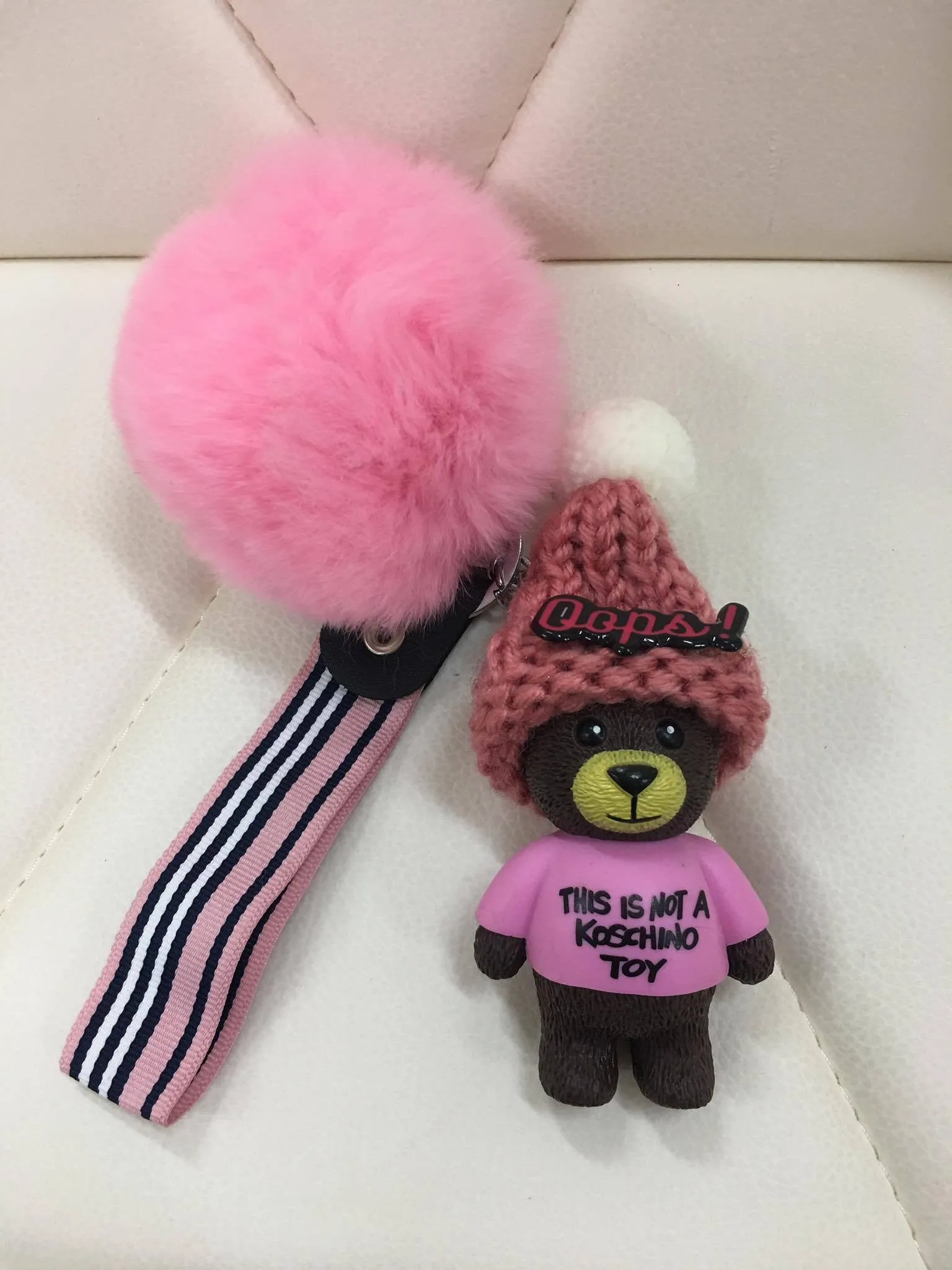 Beanie bear with fur ball bag charm