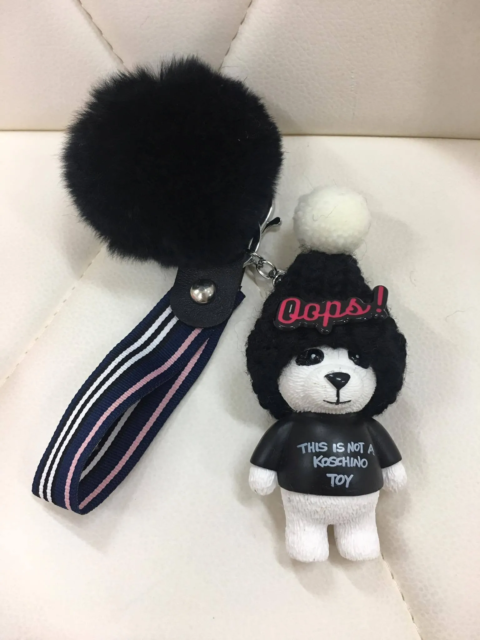 Beanie bear with fur ball bag charm