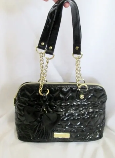 BETSEY JOHNSON Quilted HEART Vegan Satchel Bowler Bag BLACK Fringe Tassel Bow Chianlink