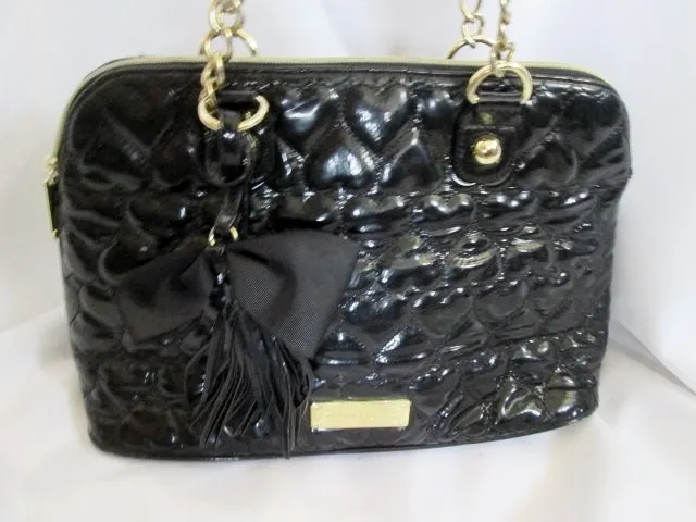 BETSEY JOHNSON Quilted HEART Vegan Satchel Bowler Bag BLACK Fringe Tassel Bow Chianlink