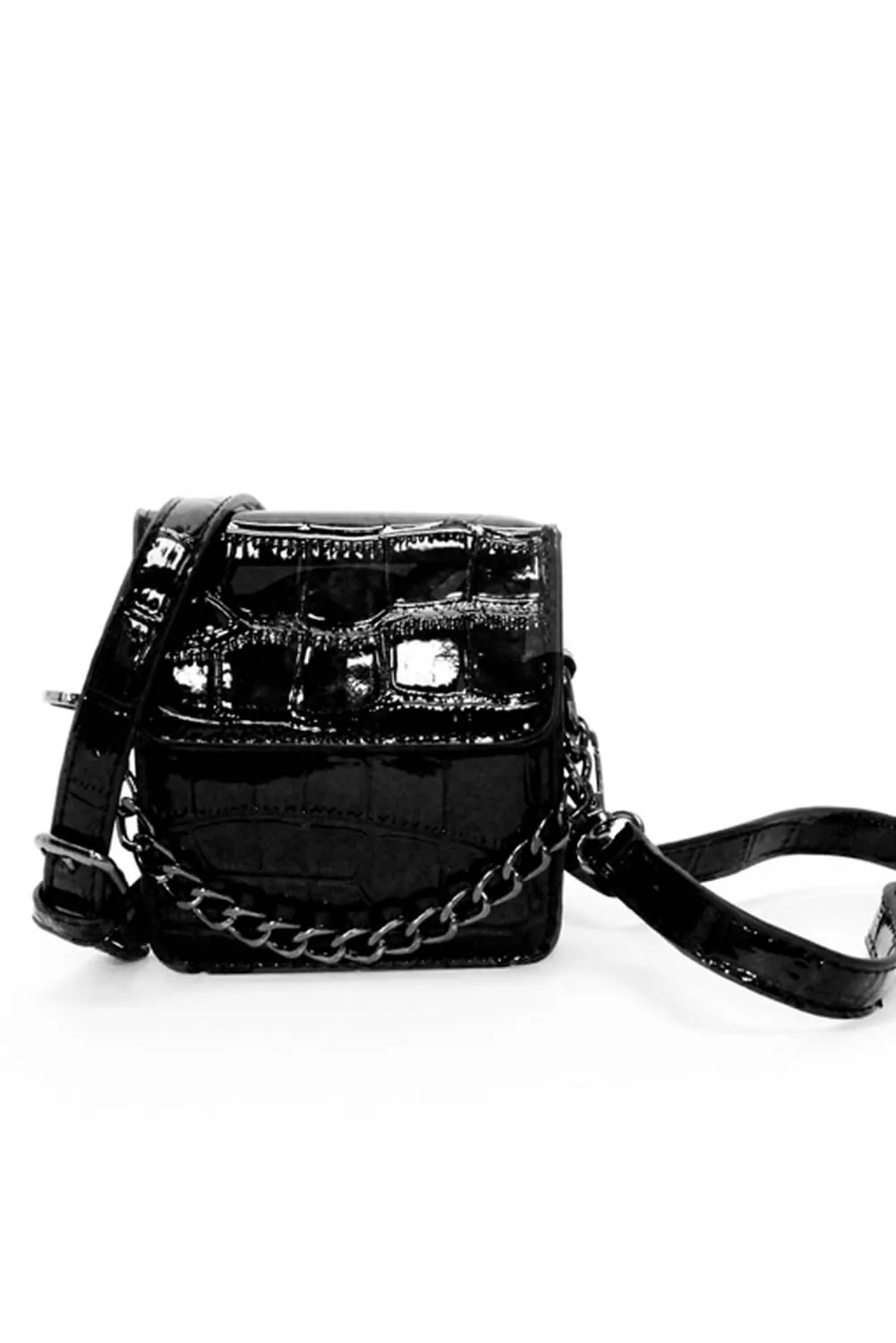 Black Chain and Strap Croc Mini Bag