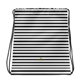 Black Striped Drawstring Bag, White Modern Stripe 15”x17” Drawstring Bag- Made in USA/EU