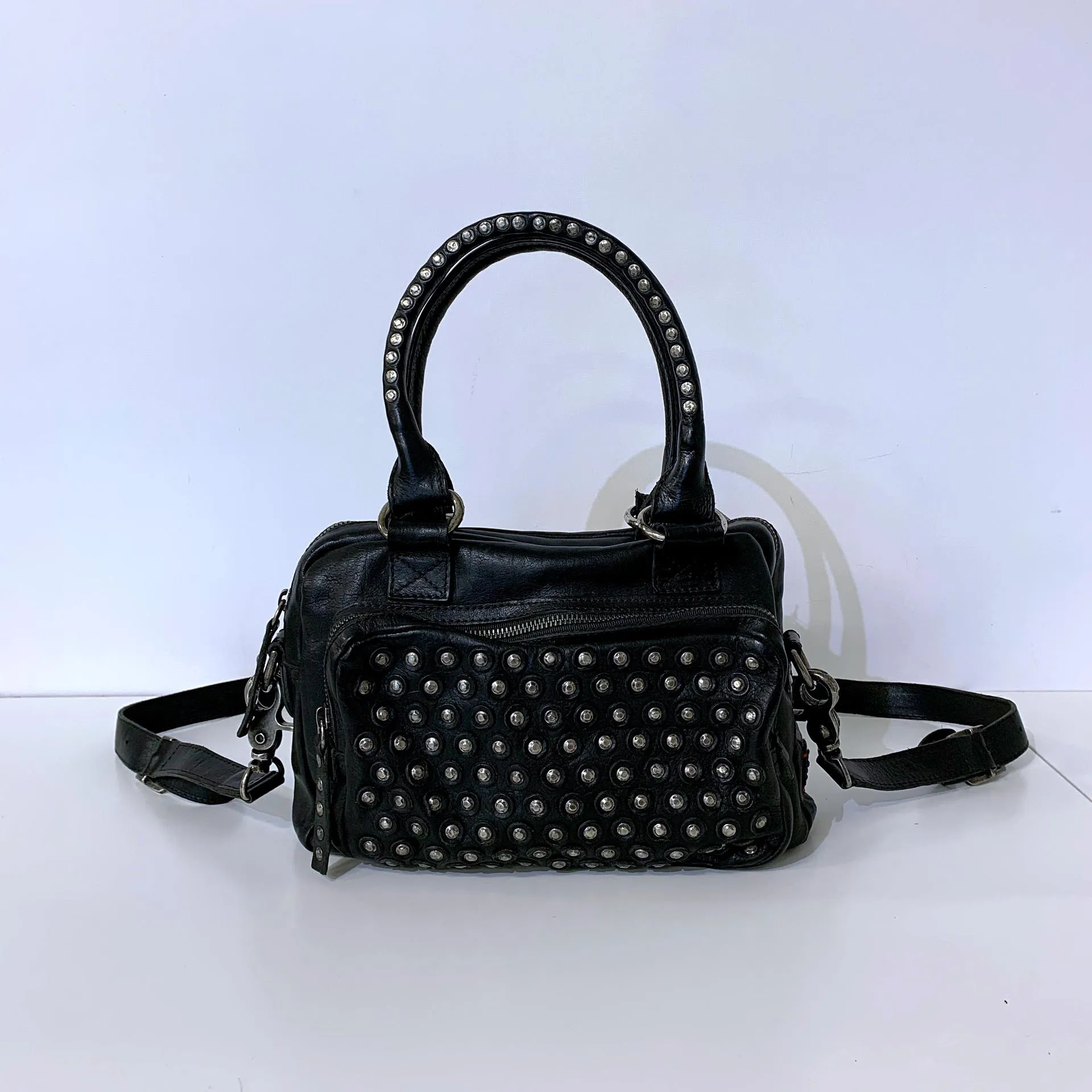 Black Studs Genuine Leather Satchel