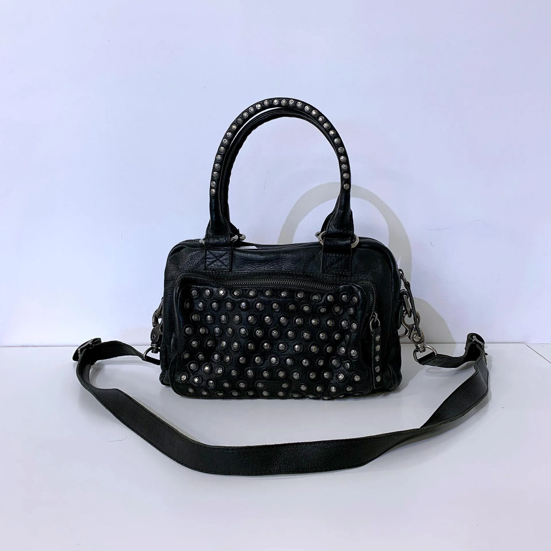 Black Studs Genuine Leather Satchel