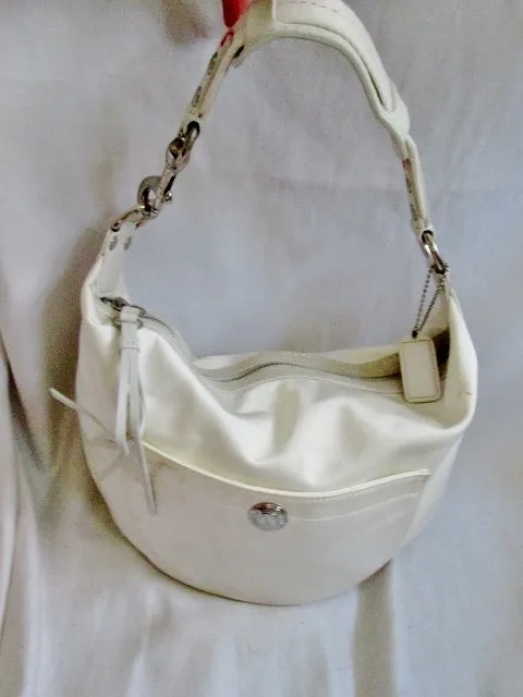 COACH 1891 SIGNATURE SATEEN Suede Hobo Handbag Satchel Purse WHITE Fringe Tassel