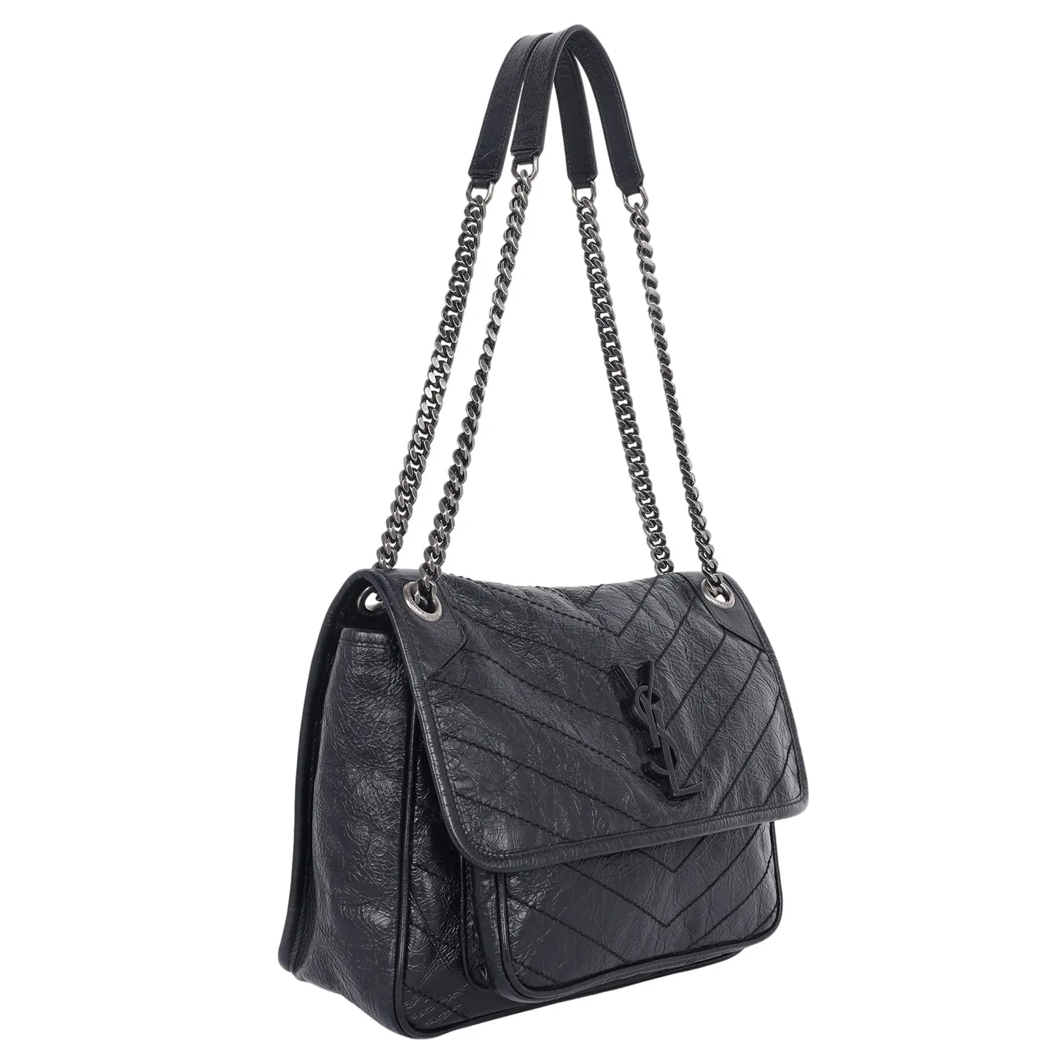 Crinkled Calfskin Matelasse Monogram Medium Niki Chain Satchel Black (Authentic Pre-Owned)