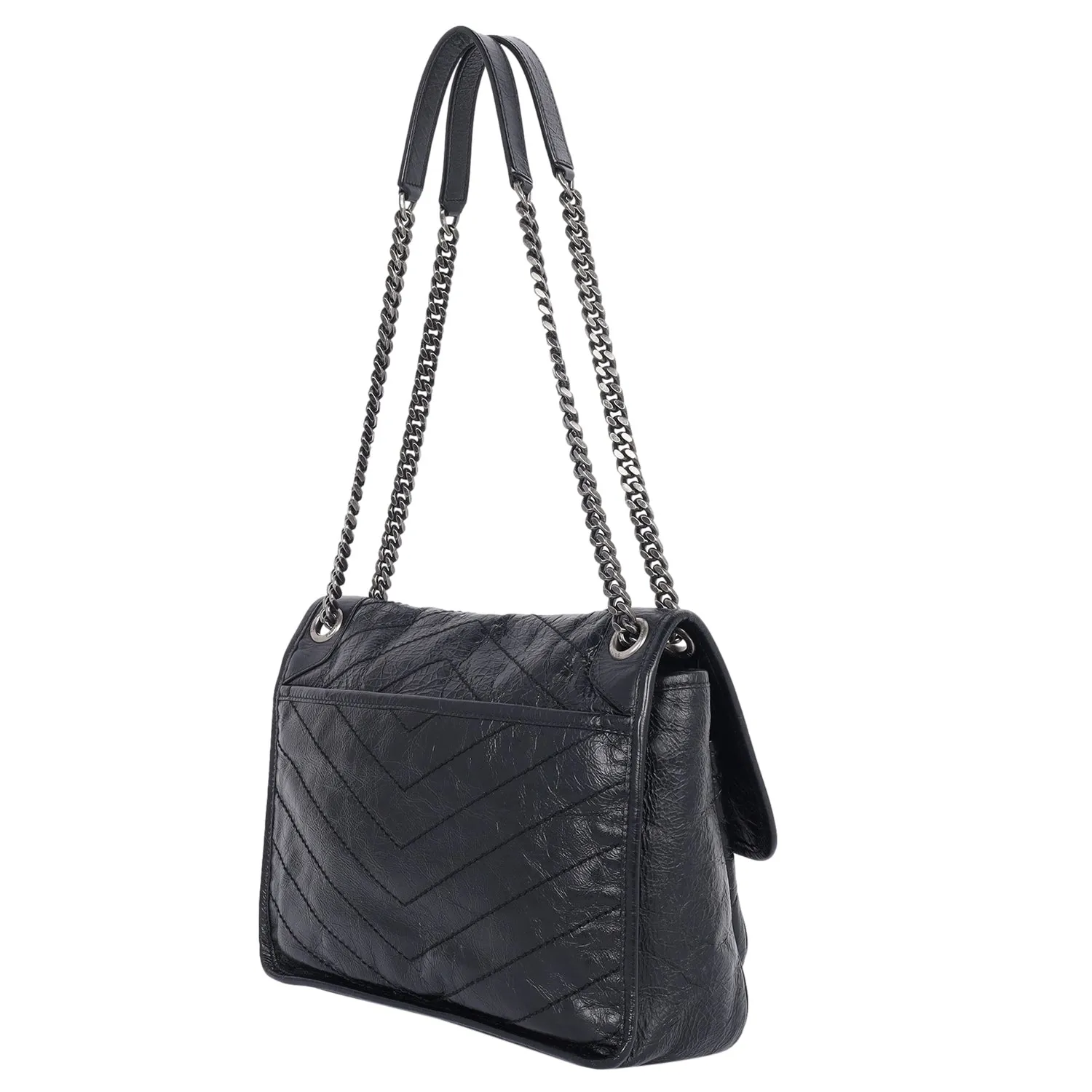 Crinkled Calfskin Matelasse Monogram Medium Niki Chain Satchel Black (Authentic Pre-Owned)