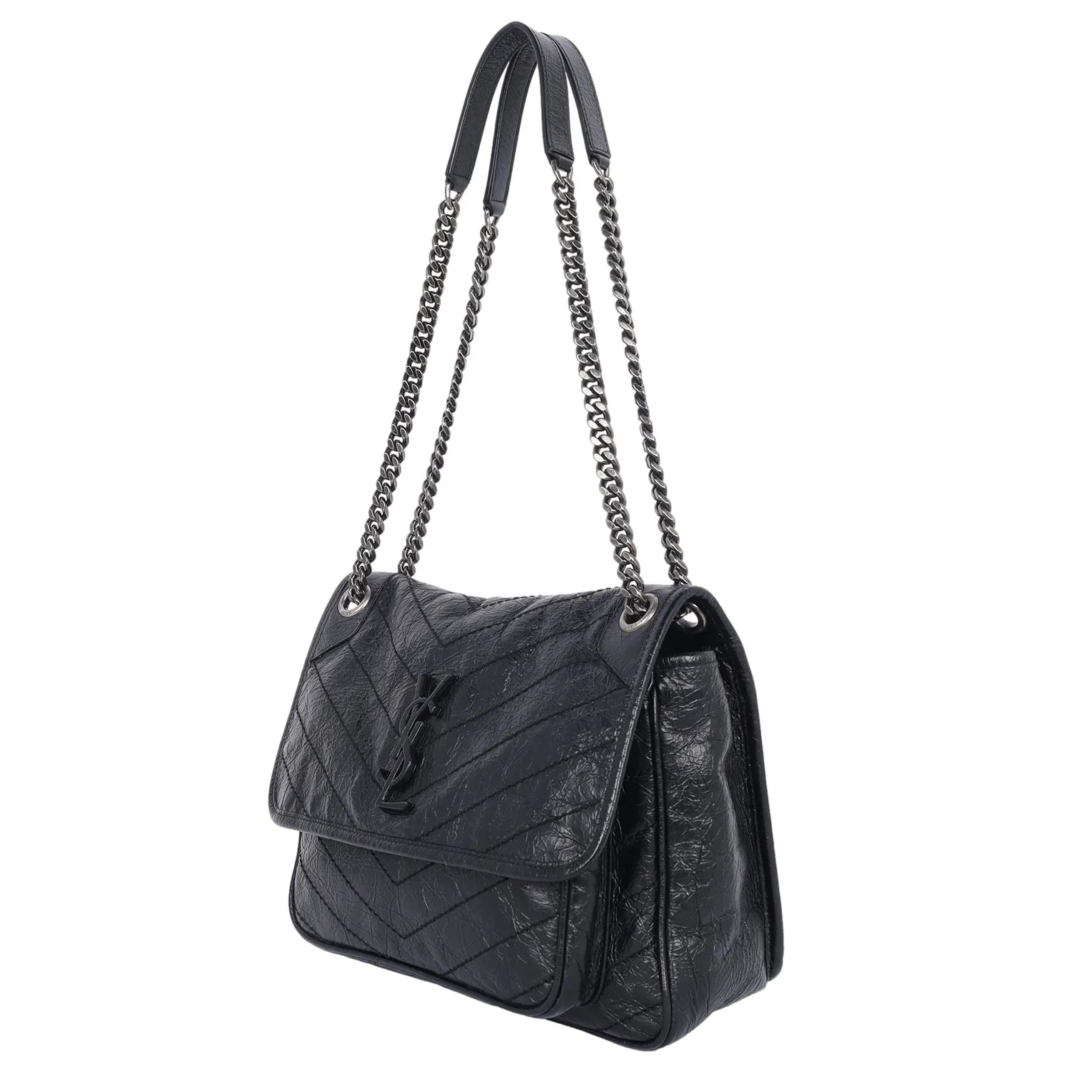 Crinkled Calfskin Matelasse Monogram Medium Niki Chain Satchel Black (Authentic Pre-Owned)