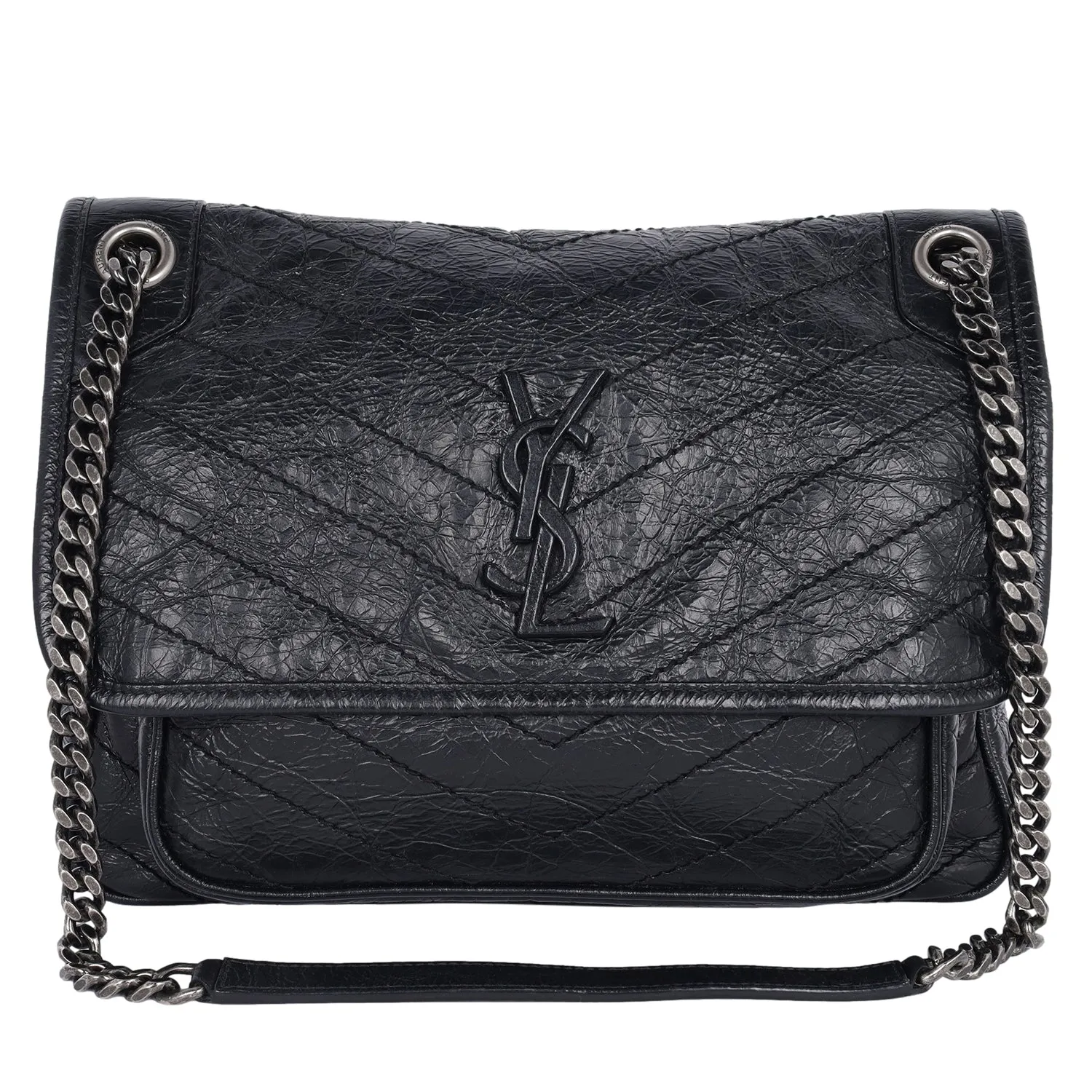 Crinkled Calfskin Matelasse Monogram Medium Niki Chain Satchel Black (Authentic Pre-Owned)