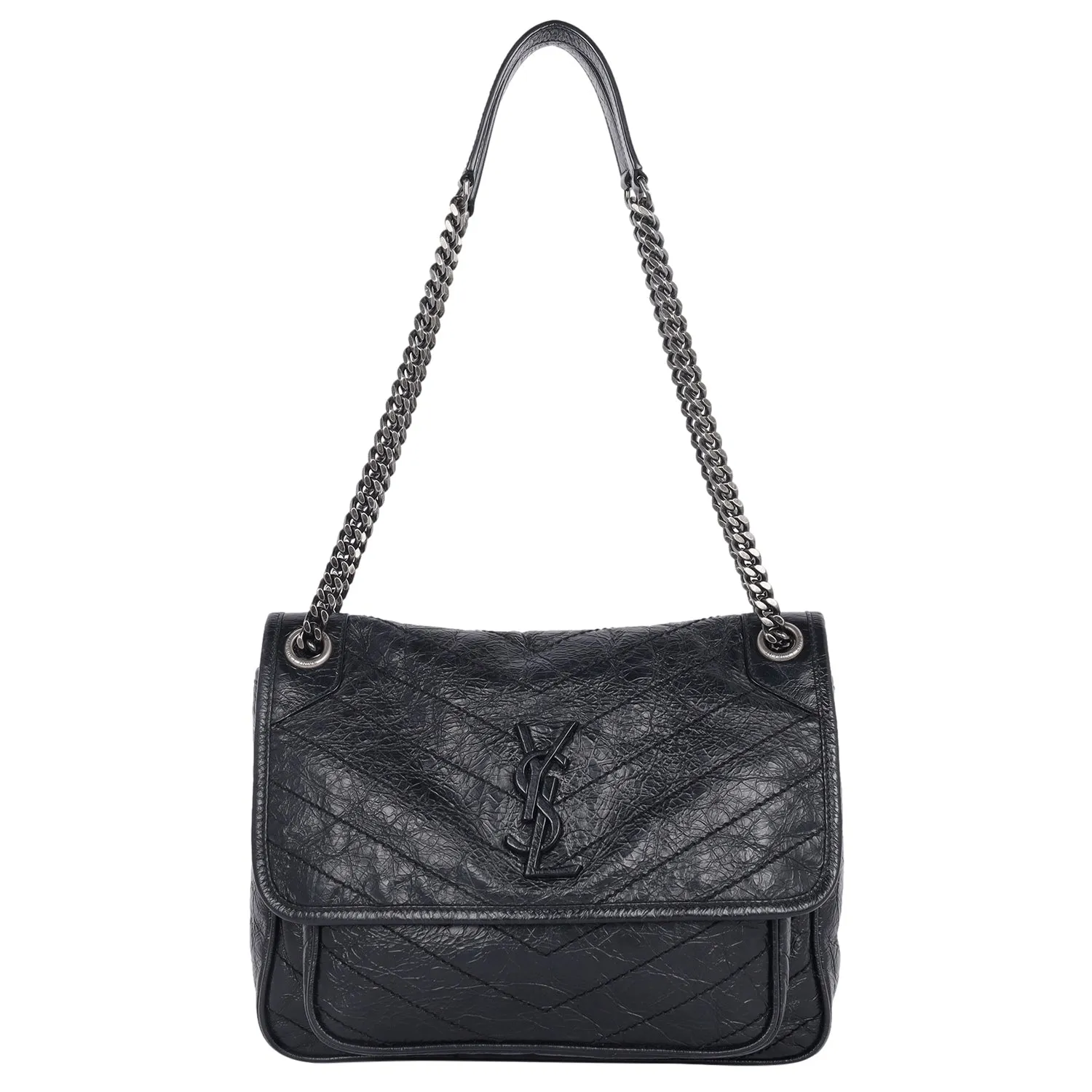 Crinkled Calfskin Matelasse Monogram Medium Niki Chain Satchel Black (Authentic Pre-Owned)