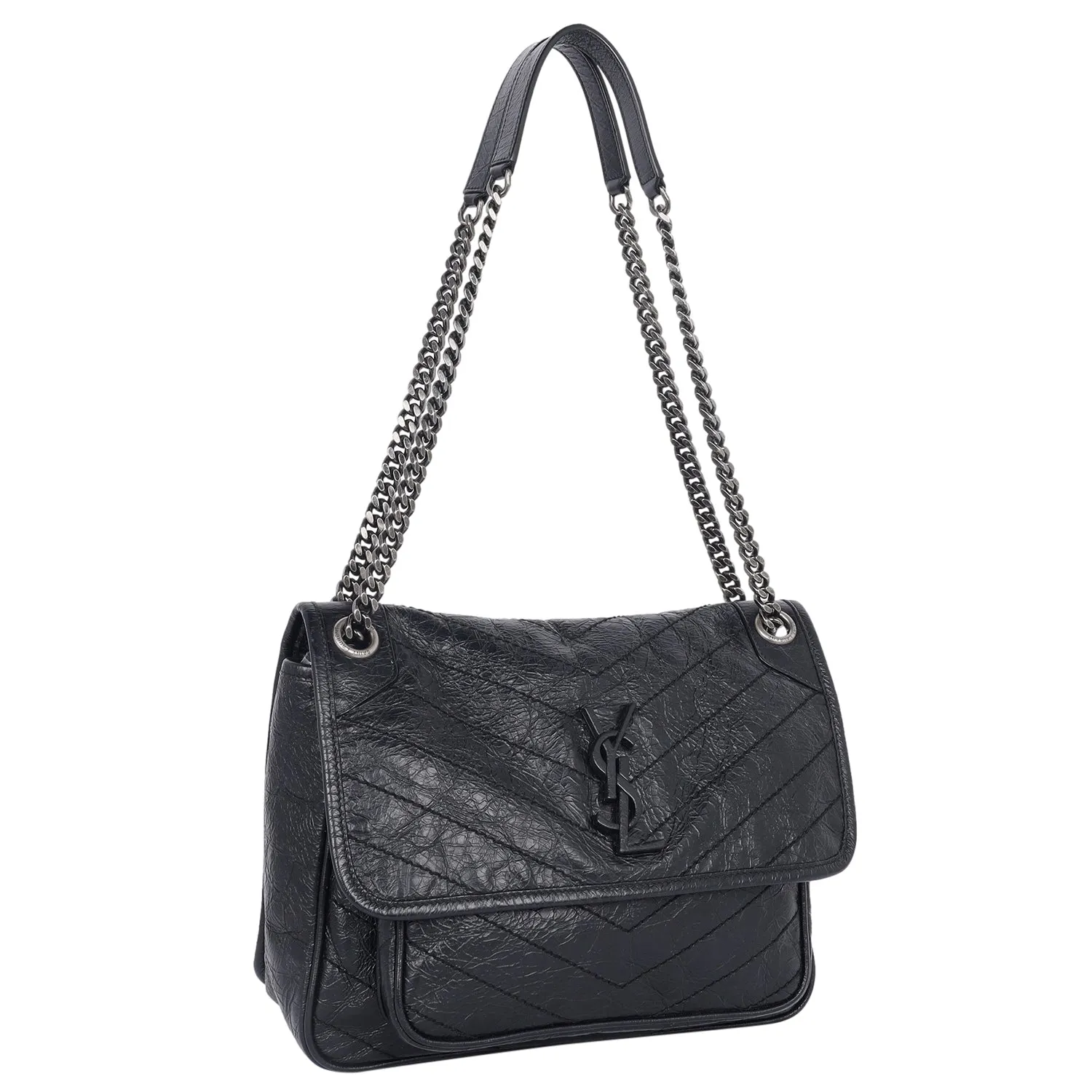 Crinkled Calfskin Matelasse Monogram Medium Niki Chain Satchel Black (Authentic Pre-Owned)