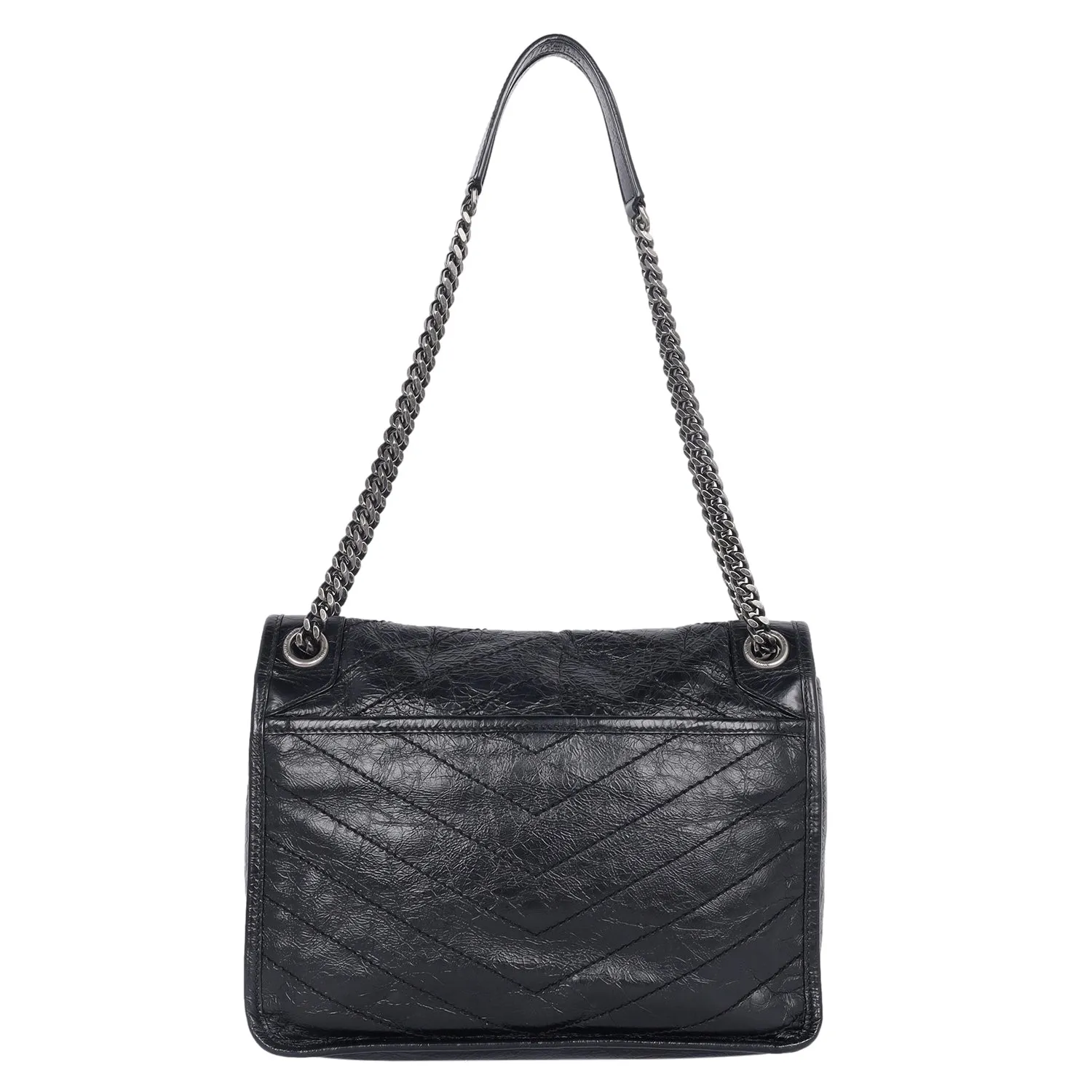 Crinkled Calfskin Matelasse Monogram Medium Niki Chain Satchel Black (Authentic Pre-Owned)