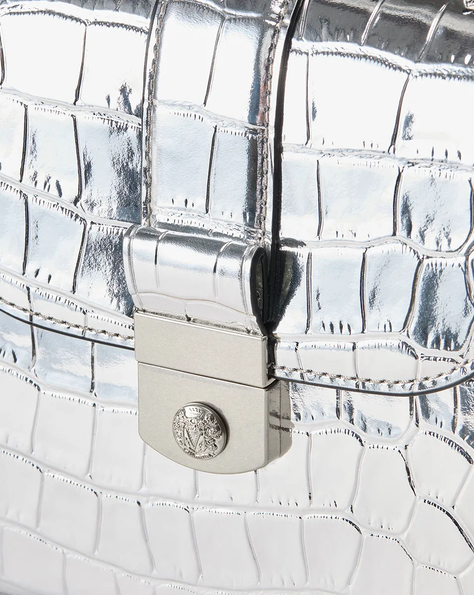 Croc-Embossed Crest Lock Top Handle Bag