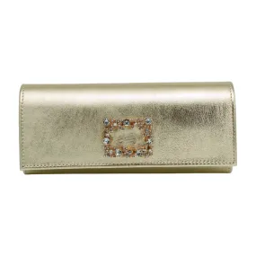 Fabucci Gold Leather Clutch Bag with Diamante Buckle