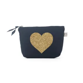 Navy Makeup Bag Gold Glitter Heart