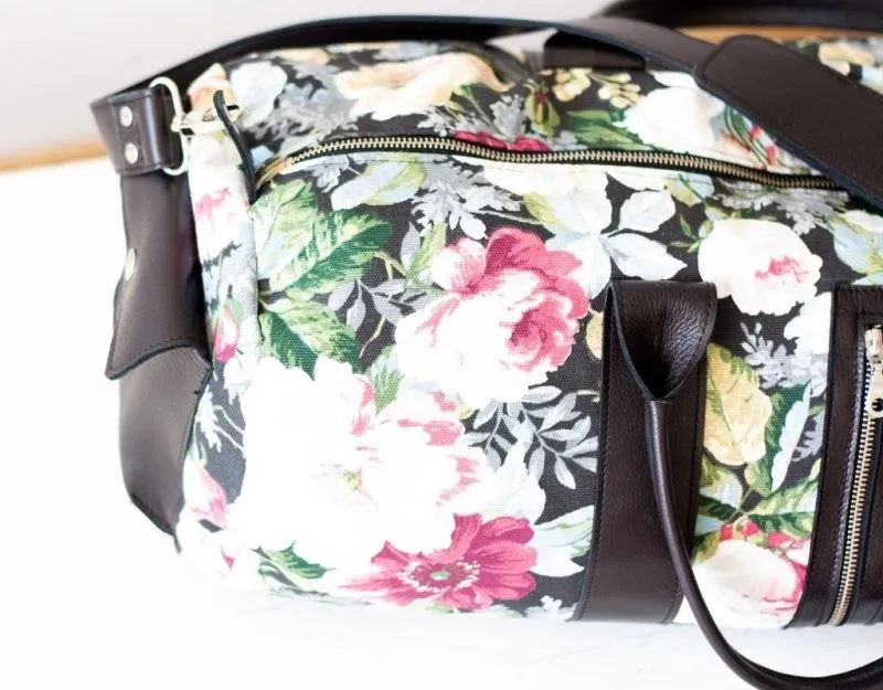 Nestor duffel bag - Black leather & Floral canvas