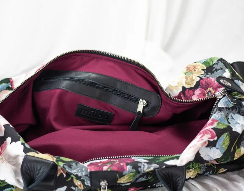 Nestor duffel bag - Black leather & Floral canvas