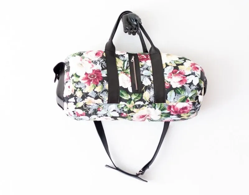 Nestor duffel bag - Black leather & Floral canvas