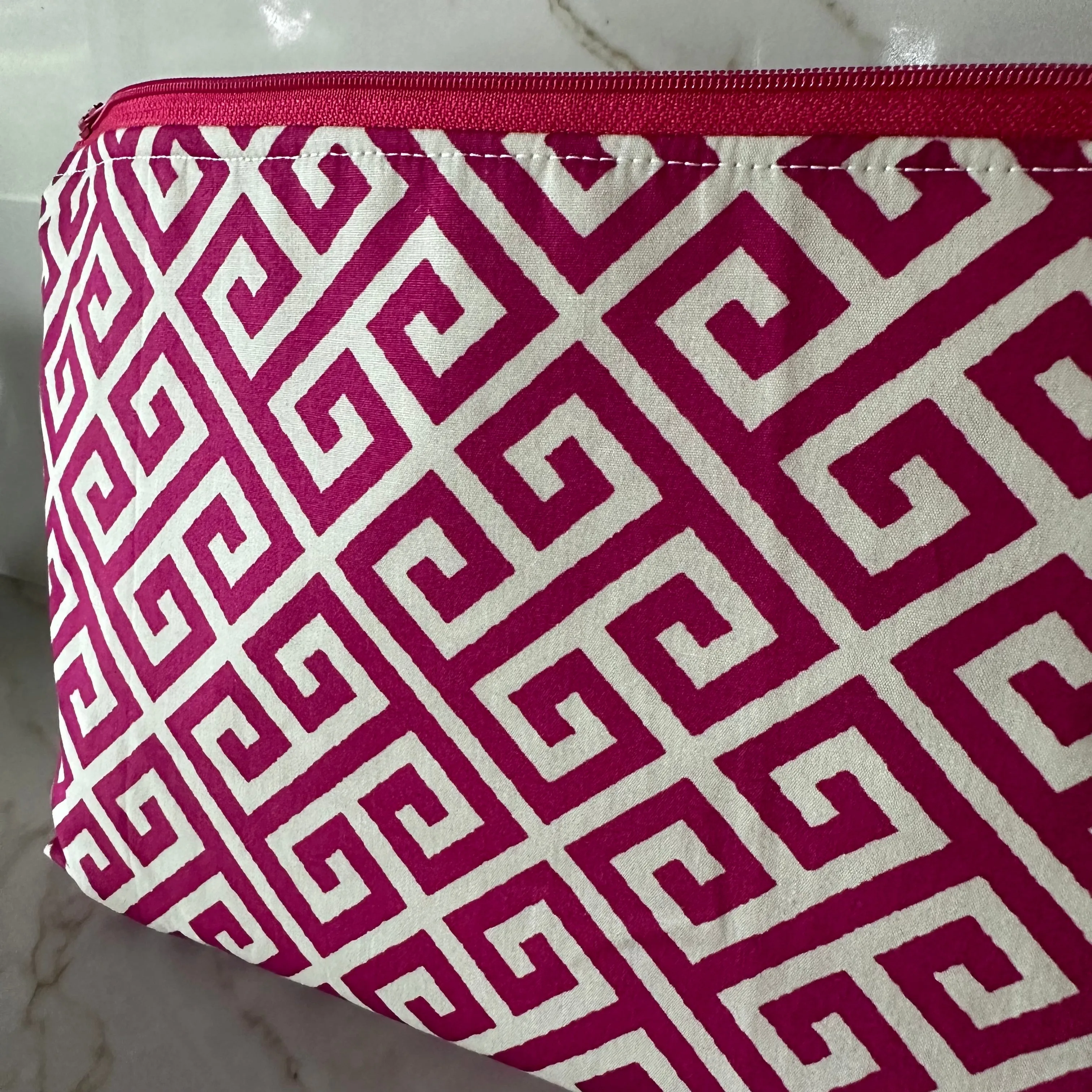 Plateia Hot Pink Greek Key Zipper Bags