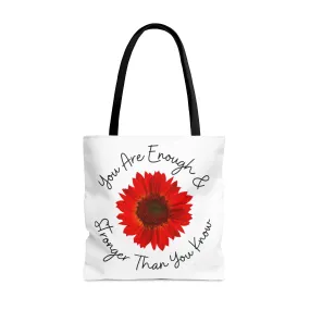 You Are Enough Tote Bag | Women's Inspirational Shoulder Bag | Stronger Than You Know Tote Bag | Red Floral Bag